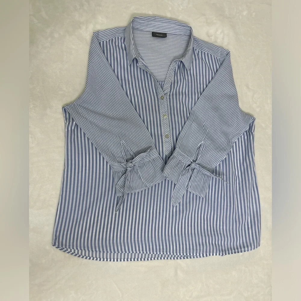 Yessica Blue and White Striped Blouse with Tie Sleeve Details - Picture 6 of 7